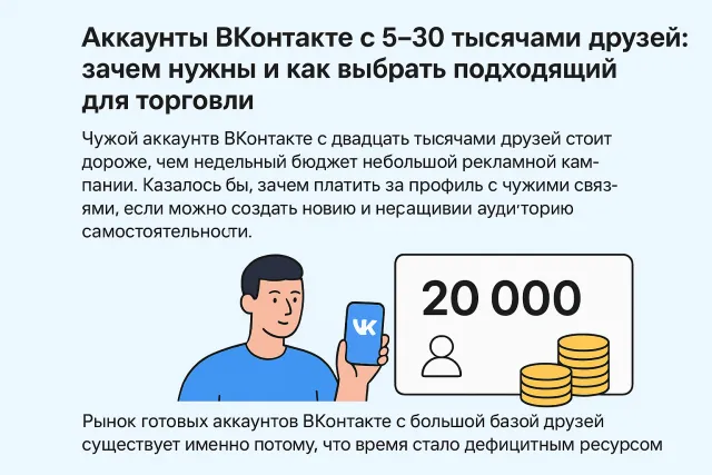 Аккаунты ВКонтакте с 5–30 тысячами друзей: зачем нужны и как выбрать подходящий для торговли